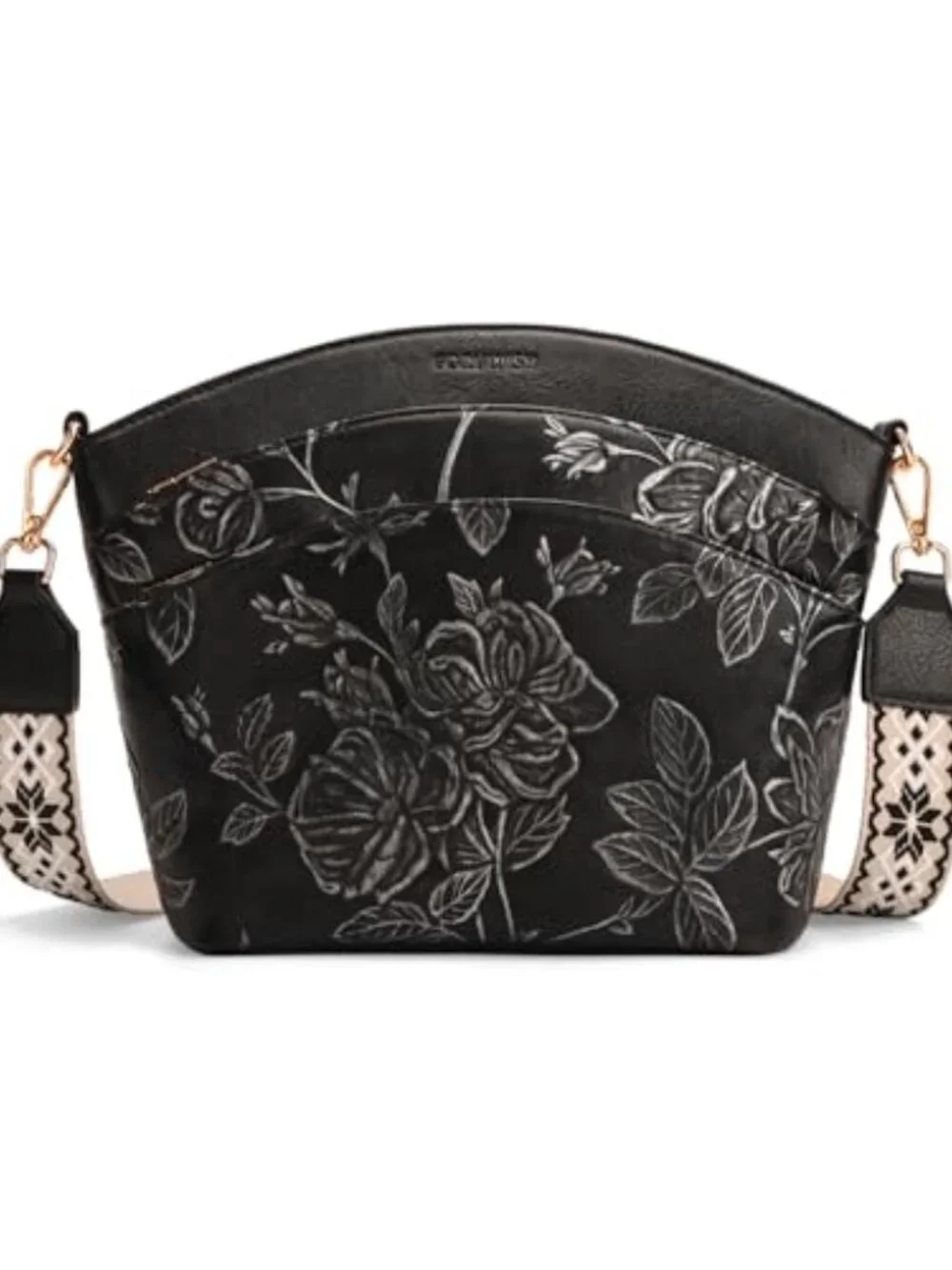 Vegan Leather Crossbody Bag with Boho Strap, Embossed Floral Purse